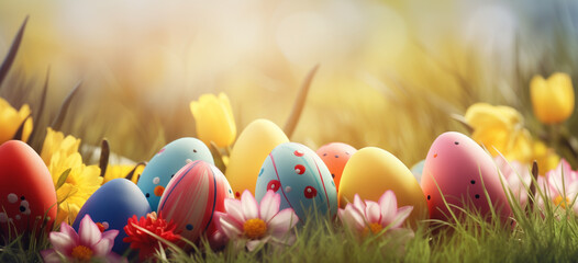 Fototapeta na wymiar Colorful decorated easter eggs in a meadow whit flowers in a sunny day