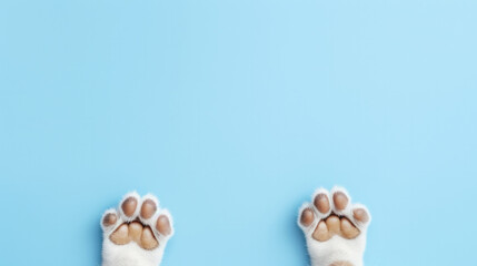 Funny paws of a border collie puppy close-up isolated on a blue background. space for text