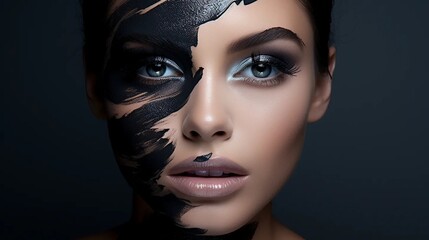 Black makeup, woman's face presenting women's beauty products