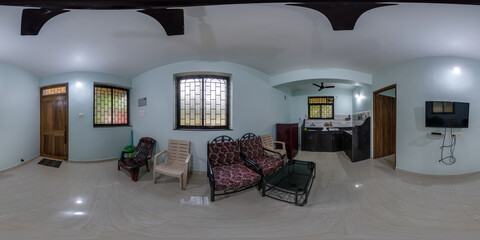 full seamless spherical hdri 360 panorama in interior of cheap hall with kitchen with blue walls...