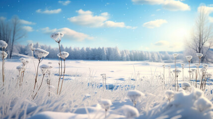 Winters magic transforms a northern flower meadow in this snowy,  illustrated landscape