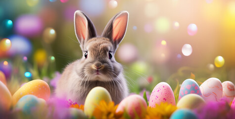 Cute bunny with easter eggs in flowery meadow