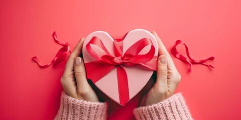 Female hands holding a red heart shaped gift box on a red background, valentine celebration - obrazy, fototapety, plakaty