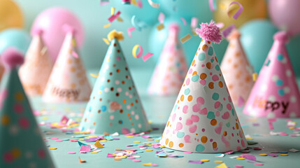 Party hats adorned with colorful polka dots and confetti set the stage for a cheerful birthday celebration. The pastel background complements the playful mood of the party.