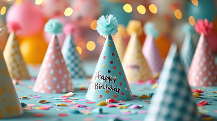 Assorted birthday hats against a bokeh light background create a festive and inviting party scene. Each hat's unique pattern adds a touch of whimsy and celebration.