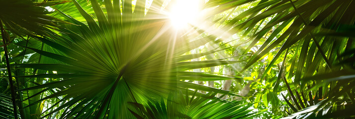 shiny sunlight in an idyllic green palm garden, tropical vegetation background banner with copy space for travel, holidays and vacation - obrazy, fototapety, plakaty