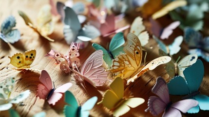 An array of delicate paper butterflies with a variety of patterns fluttering on a textured wooden surface, symbolizing transformation and natural beauty.