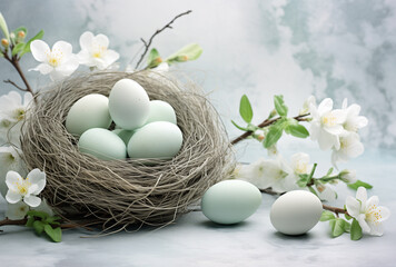 White and blue easter eggs in a nest with white flowers on a grey background