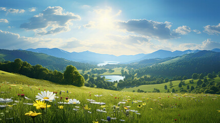 Summer sunshine bathes a rural flower meadow,  surrounded by rolling hills in this detailed illustration - obrazy, fototapety, plakaty