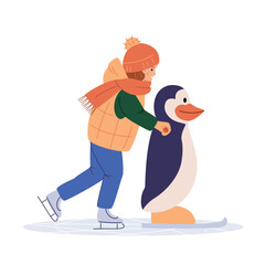 Kid ice skating with skating helper penguin. Child skates training aid. Winter season sport activity for kids. Young girl in outdoor holiday, weekend on ice rink. Flat isolated vector illustration