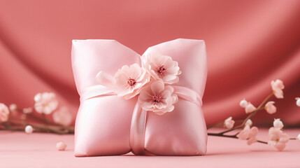 Fototapeta na wymiar Pillow heart and paper flower in a gift box