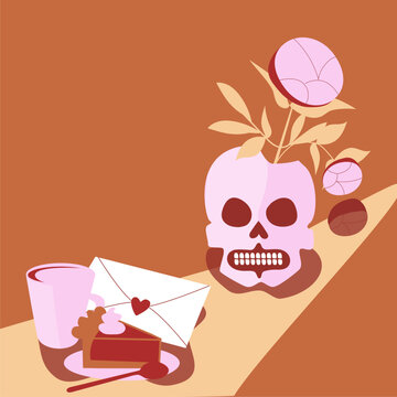 Valentine's Day illustration with peony in skull vase