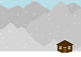 Pixel art of a cabin in snow at the foot of mountains