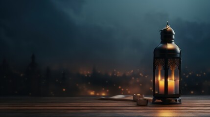 Ramadan Kareem greeting card. Traditional Arabic lantern with burning candles on wooden table