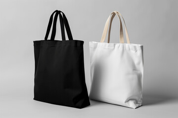 White and black tote bags mockup on isolated grey background