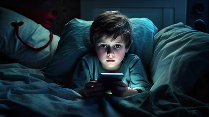 Exhausted child is addicted to a phone lying in bed using a smartphone at night, Bedtime harmful blue light screentime concept - obrazy, fototapety, plakaty