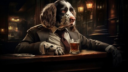 Anthropomorphic dog in classy suit smoking cigar and sipping cognac in a vintage pub