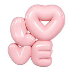 Love 3d realistic pink text balloon on transparent for happy valentines day, women day holiday, dating invitation, wedding or marriage greeting card design romantic flying