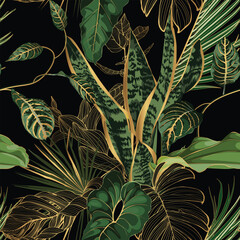 Tropical night vintage palm, banana, plant, golden leaves, floral seamless border black background. Exotic dark jungle wallpaper. - 703445753