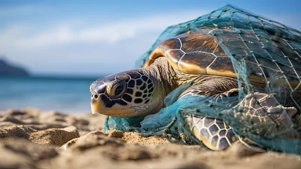 Zelfklevend Fotobehang Sea Turtle Saved from Fishing Net © JuanMiguel