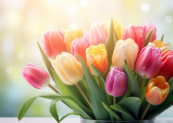Bouquet of beautiful colorful tulips on a sunny background