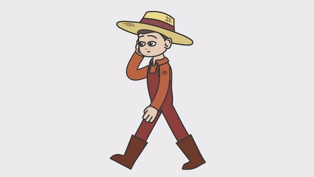 2d animation of walking white male farmer in a straw hat talking on the phone. Looped 4K video with alpha-channel.