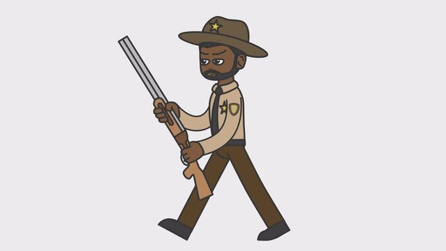 2d animation of walking black male sheriff with a beard holding a gun in his hand. Looped 4K video with alpha-channel.