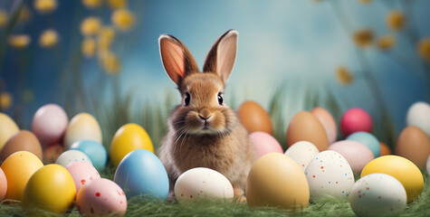 Fototapeta na wymiar Adorable bunny with easter eggs in a meadow