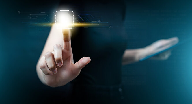 Businesswoman using fingerprint to access business information, biometric code and cyber security network, data privacy concept