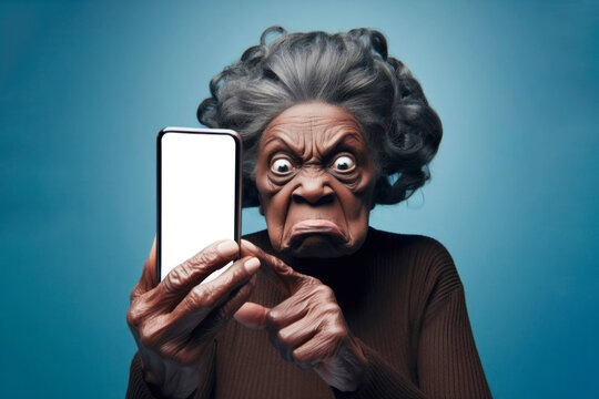 black old woman with strange facial expressions shows a phone to mocks with a screen on blue background. ai generative