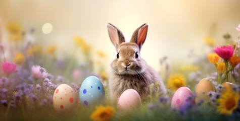 Fototapeta na wymiar Adorable rabbit with easter eggs in flowery sunny meadow