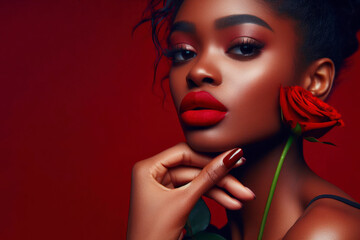 Beautiful young woman with red lips holding a red rose on red background. ai generative - obrazy, fototapety, plakaty