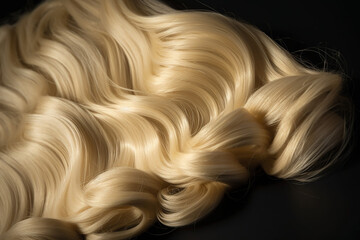 Hair extensions isolated on black background. Top view. Curly wavy hair. Blonde wavy hairstyles. Temporary hairstyle for special occasions like wedding. Bridal salon treatment. Hair transformation