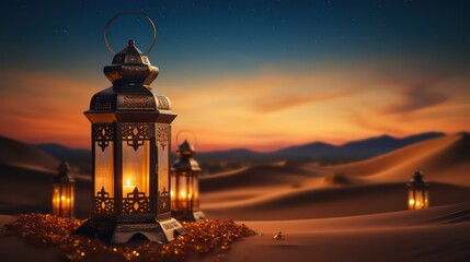 Fototapeta premium Lantern in the desert. Ramadan Kareem greeting card