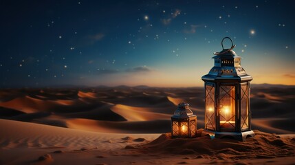 Lantern in the desert. Ramadan Kareem background