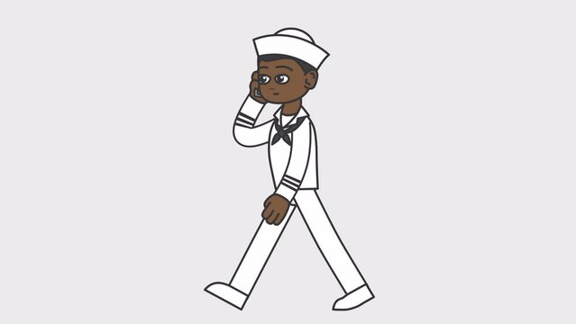 2d animation of walking black male sailor talking on the phone. Looped 4K video with alpha-channel.