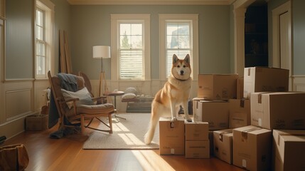 Dog sitting on boxes, preparing for a move to a new home with copyspace on white walls