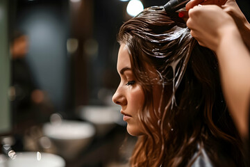 Close-up of a lady at a hair wash station, enjoying a salon treatment.