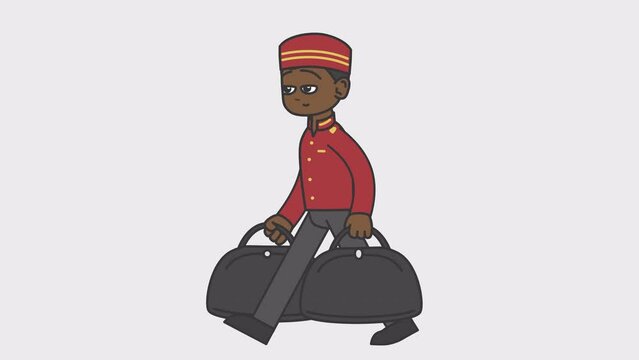 2d animation of walking black male bellboy holding a suitcases in his hands. Looped 4K video with alpha-channel.