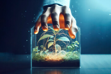 human hand touching a plant on a glass holographic box. conservation of nature. ai generative