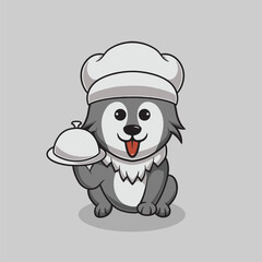 Cute wolf is cooking chocolate cake cartoon illustration