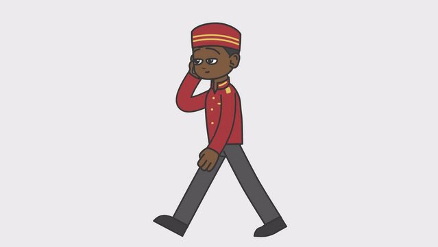 2d animation of walking black male bellboy talking on the phone. Looped 4K video with alpha-channel.