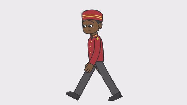 2d animation of walking black male bellboy. Looped 4K video with alpha-channel.