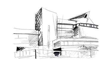 Sketch of a street in the old town. Black pen illustration, isolated on white background bridge