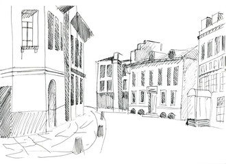 Sketch of a street in the old town. Black pen illustration, isolated on white background bridge - 703449374
