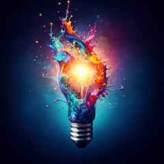 lightbulb Idea concept with colorful liquid of splashing Unique Creative idea on blue glow background. ai generative