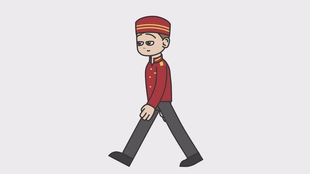 2d animation of walking white male bellboy. Looped 4K video with alpha-channel.