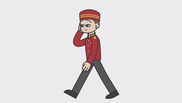 2d animation of walking white male bellboy talking on the phone. Looped 4K video with alpha-channel.