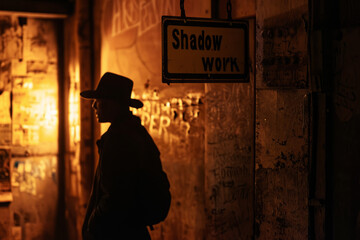 Shadow work concept image with silhouette shadow of a man in next to a written sign with words Shadow work