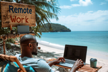 Remote work concept image with a man working from the beach on his laptop computer and sign with written words remote work
